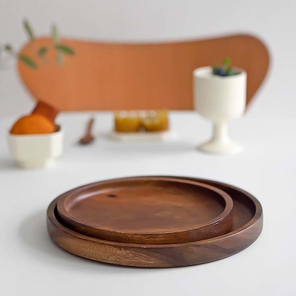 우드 핸드메이드 라운드 트레이 세트 2P