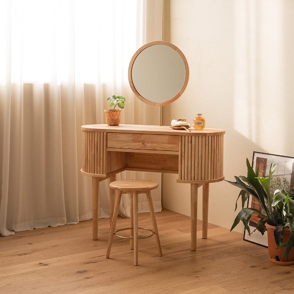 헤세 내추럴 원목 수납 화장대 세트(거울+원형스툴)