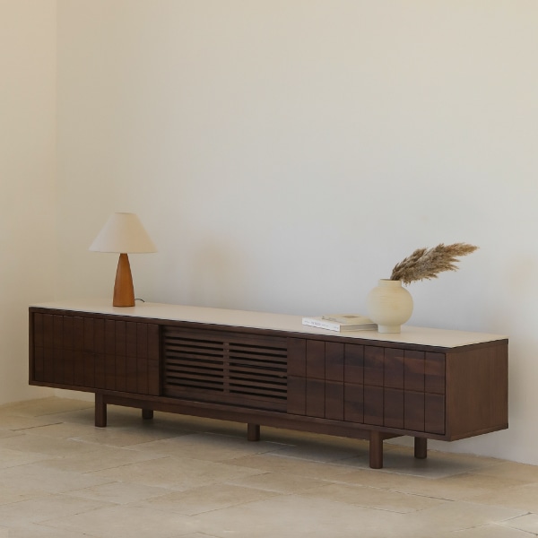 케니 월넛 원목 TV 수납 세라믹 거실장 2200