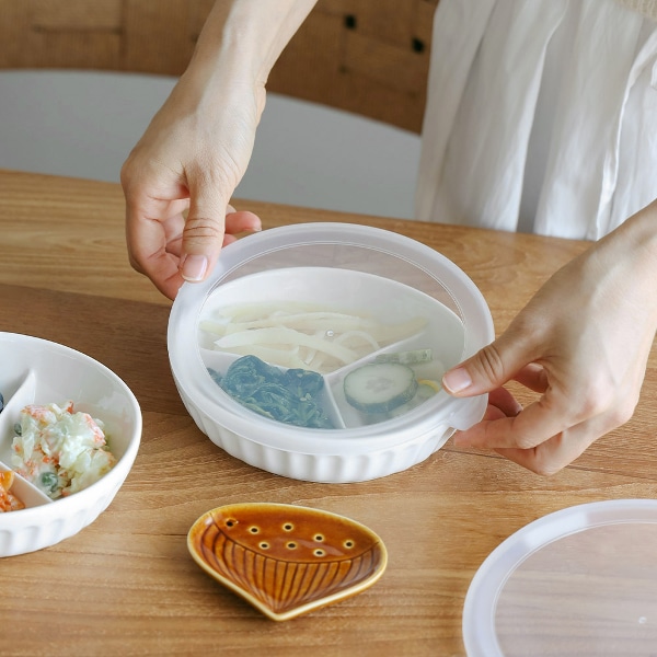 하온 3칸 도자기 반찬 접시 (뚜껑 포함) 