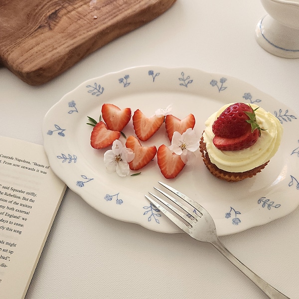 러스틱 블루 오발 플레이트 타원 접시